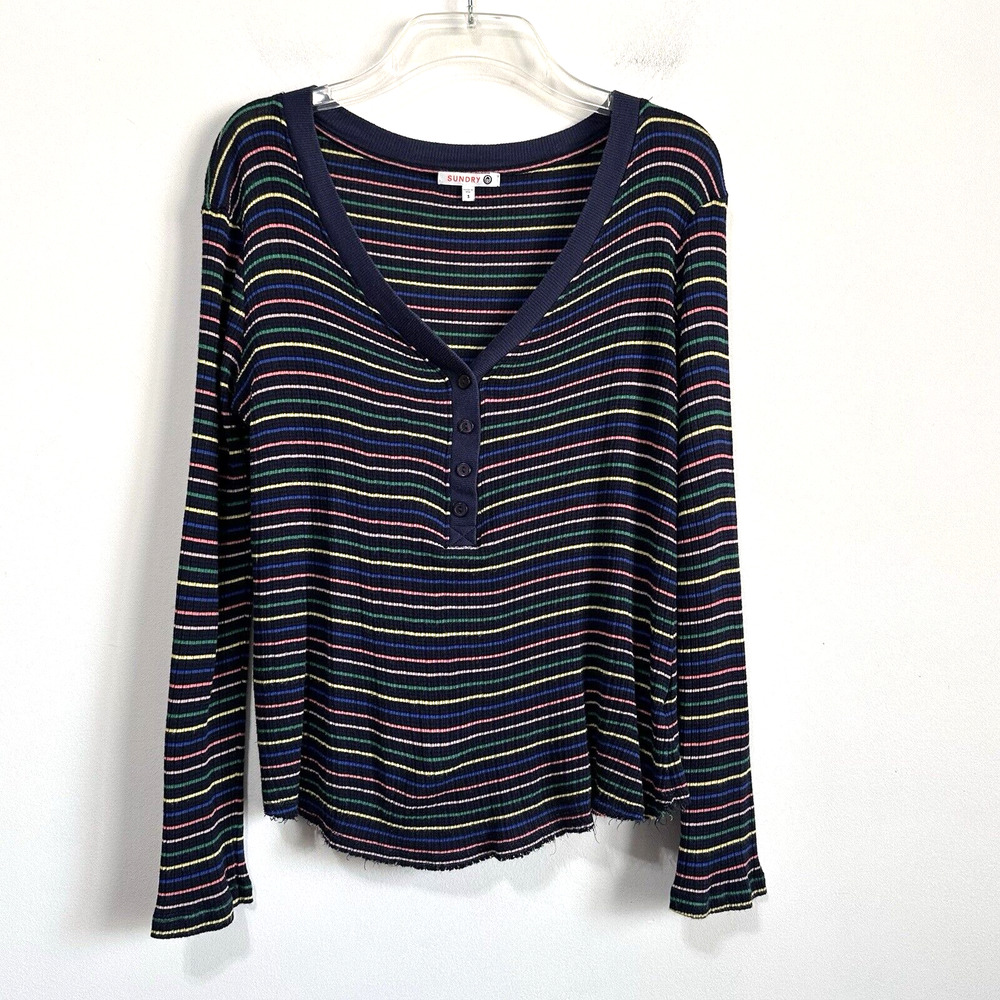 Sundry‎ Striped Henley 3 Large Long Sleeve Blue Raw Hem Knit Casual Colorful Top